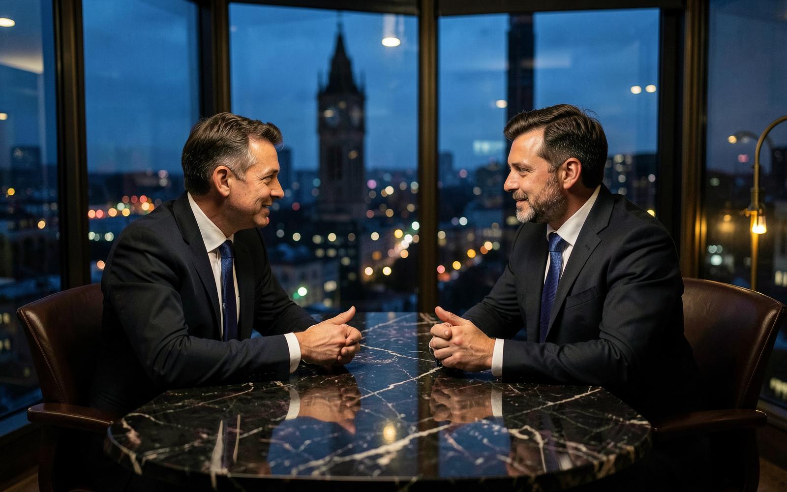 Talent managers in conversation in a London office at dusk