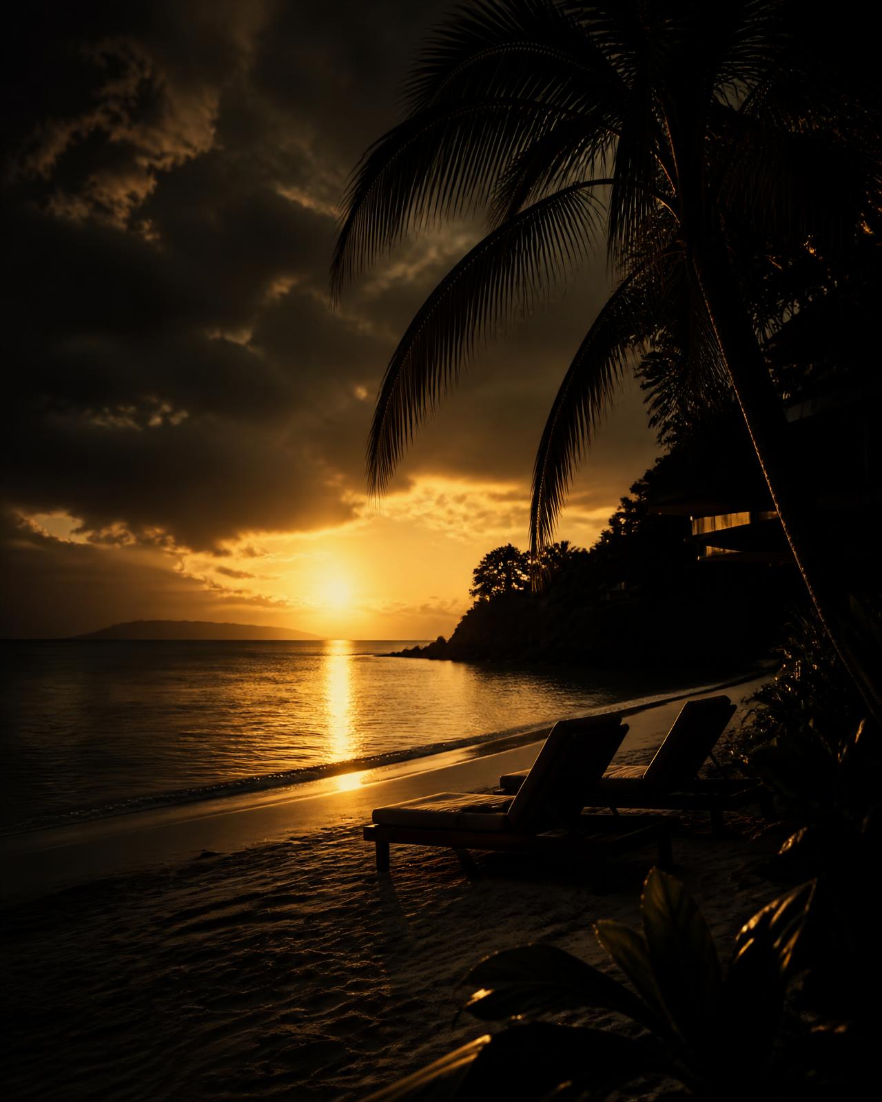 Private beach at sunrise with loungers on the sand