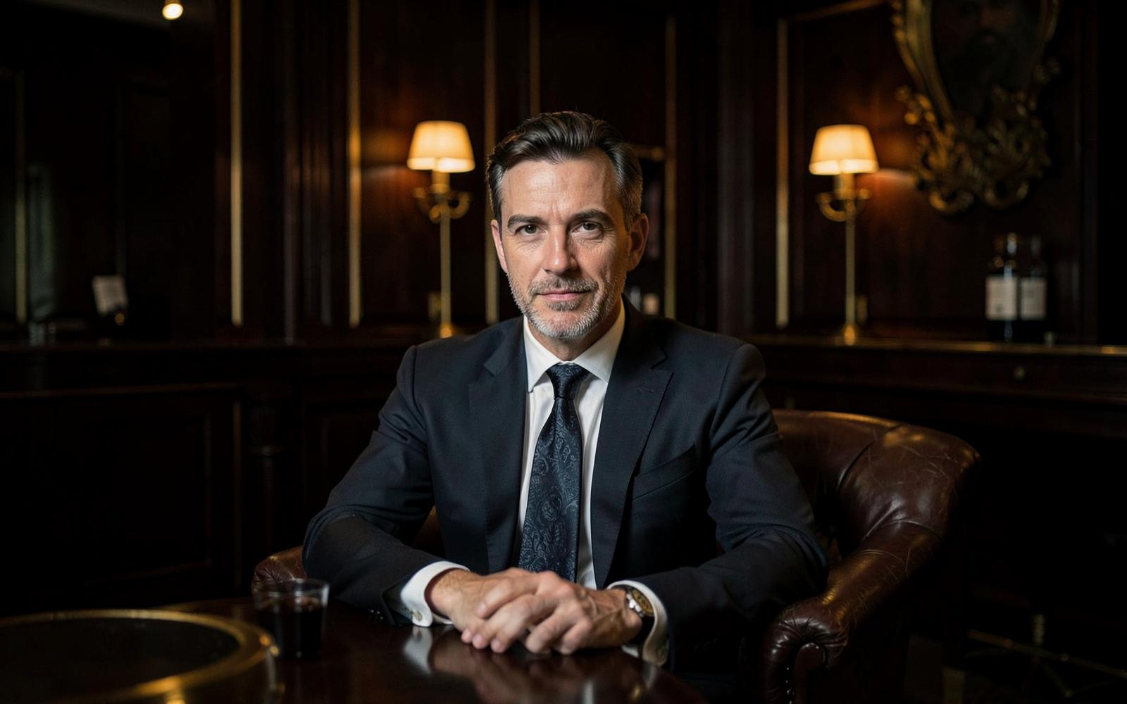 Editorial portrait in a dimly lit private members club lounge
