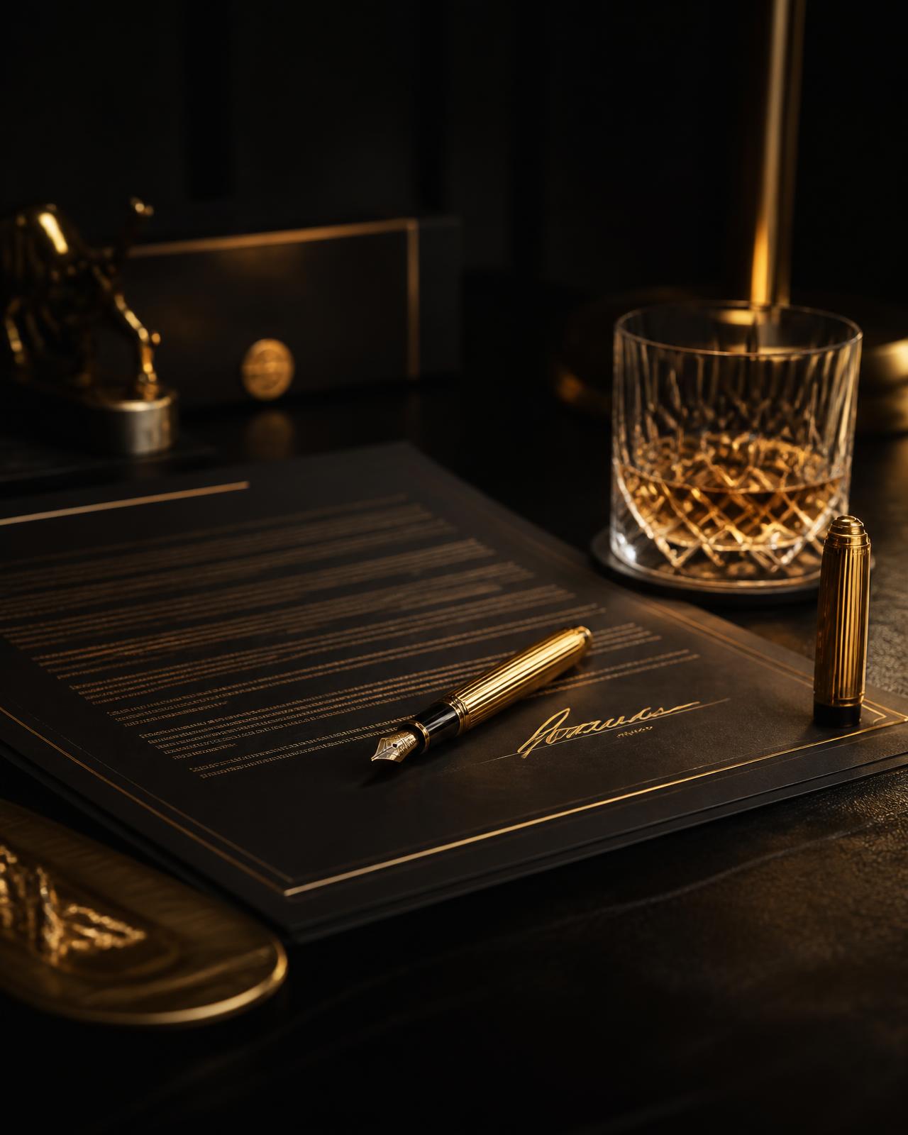 Gold fountain pen resting on a signed contract beside a crystal tumbler