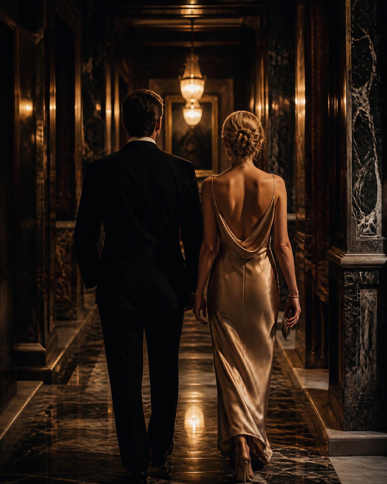 Elegant couple in black tie walking a marble hallway