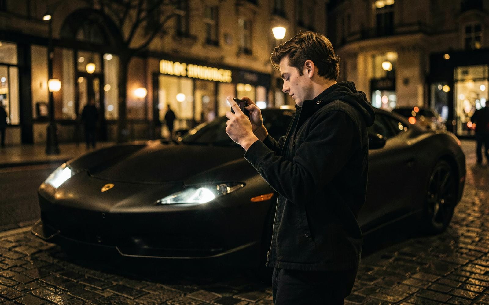 Creator filming beside a matte black supercar at night