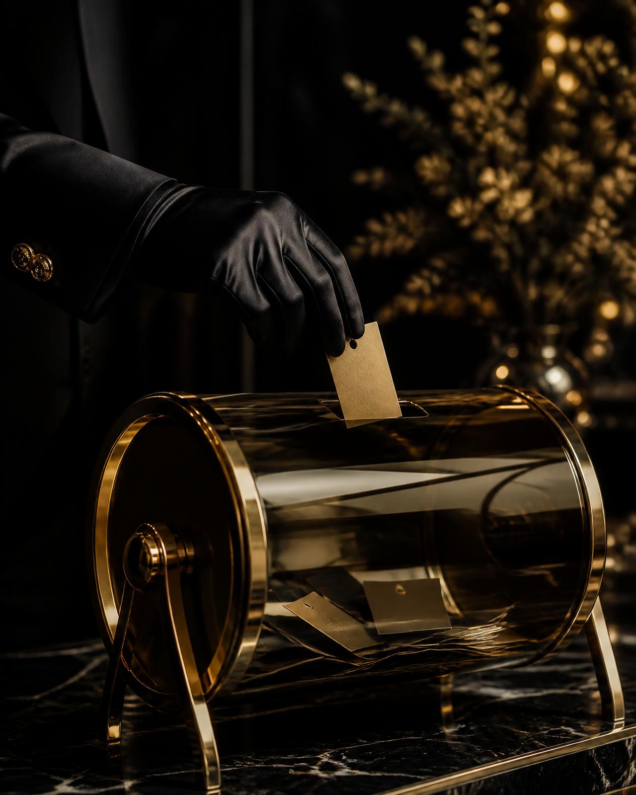 Gloved hand placing a numbered ticket into a gold draw drum