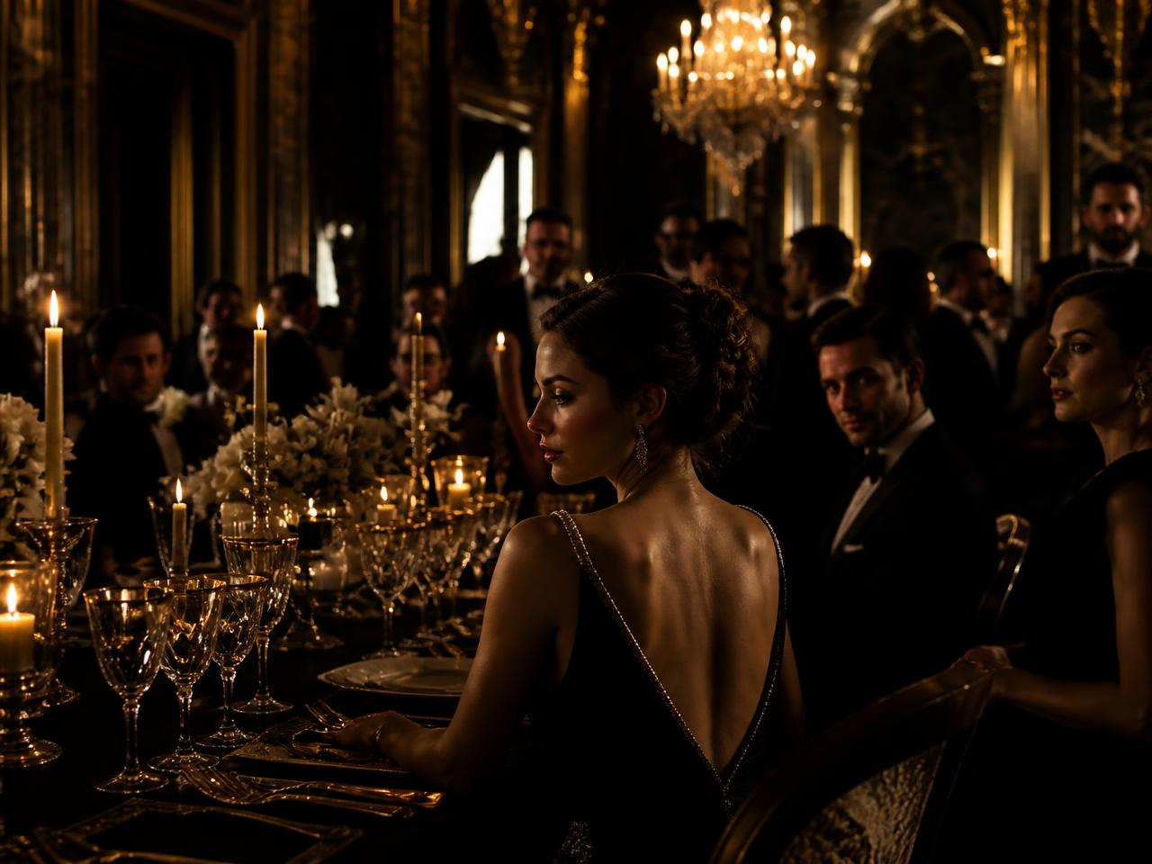 Guests in black tie at a candlelit gala dinner
