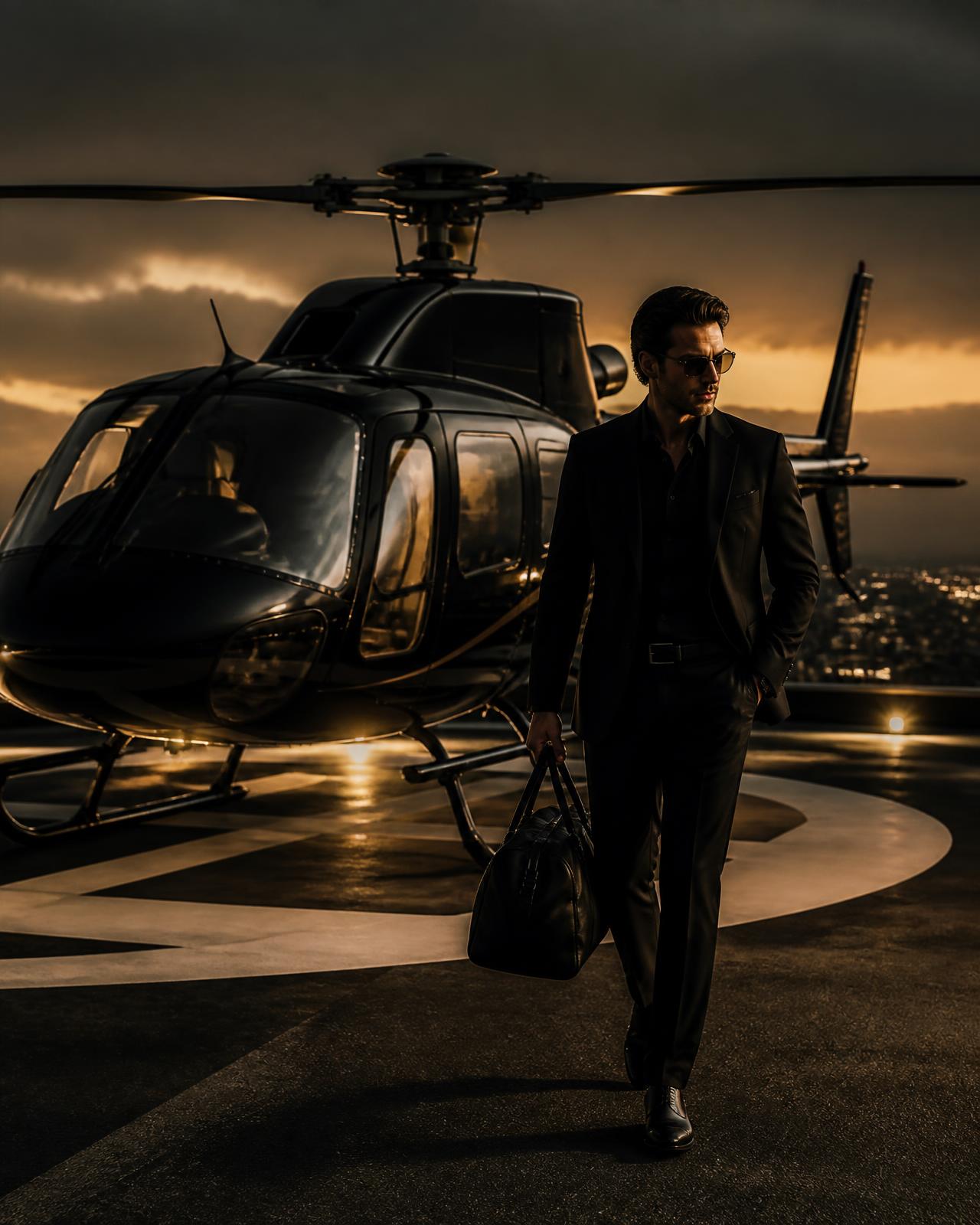 Black private helicopter on a rooftop helipad at dusk
