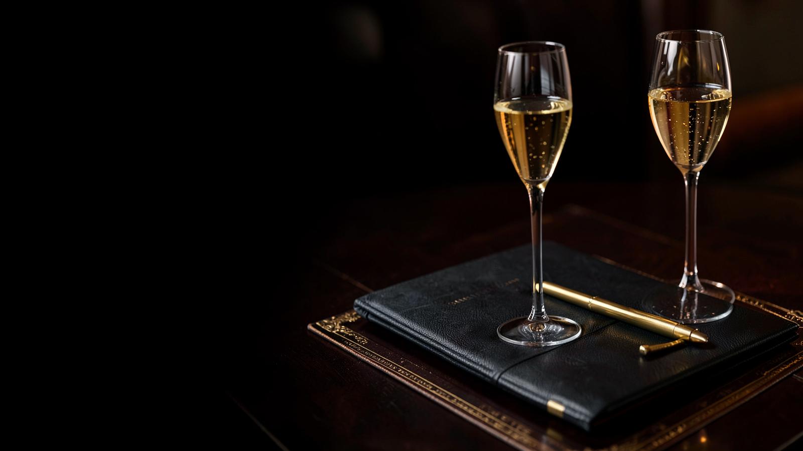 Champagne beside a leather planning book and gold pen