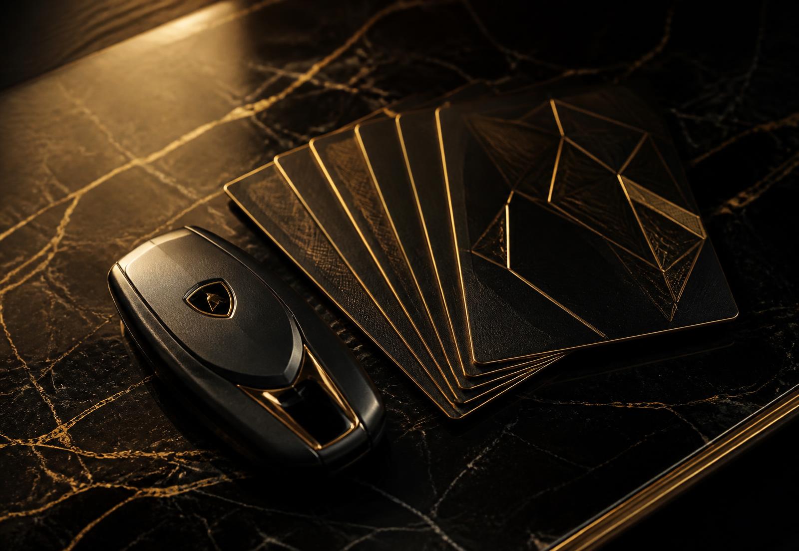 Supercar key and gold-embossed black cards on dark marble