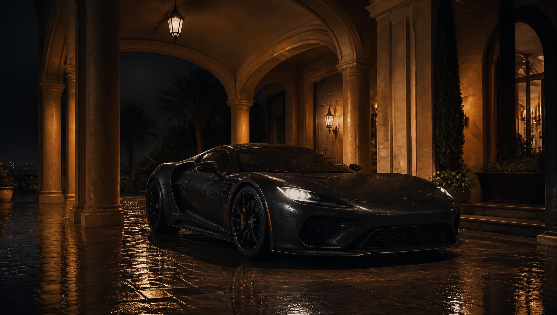 Dark supercar under a lantern-lit villa portico at night